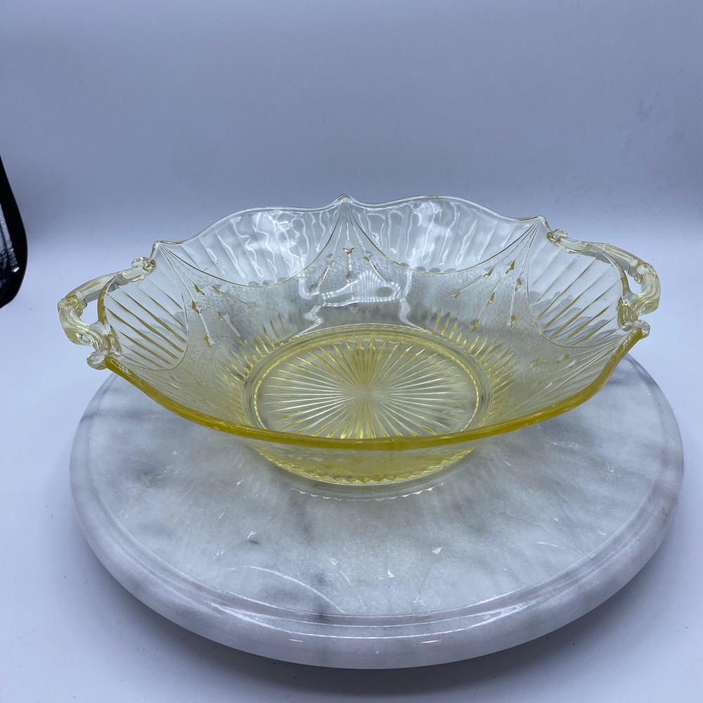 Yellow Federal/Depression Glass 9.5" Serving Bowl Princess Pattern Ornate *Rare*